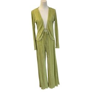 Peppermayo Lime Green Plissé 2 Piece Set Tie Front Top Wide Leg Pants Y2K 6
